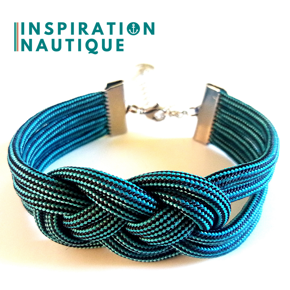 Bracelet marin avec noeud de carrick double, en paracorde 550 et acier inoxydable, Turquoise et noir, ligné, Medium