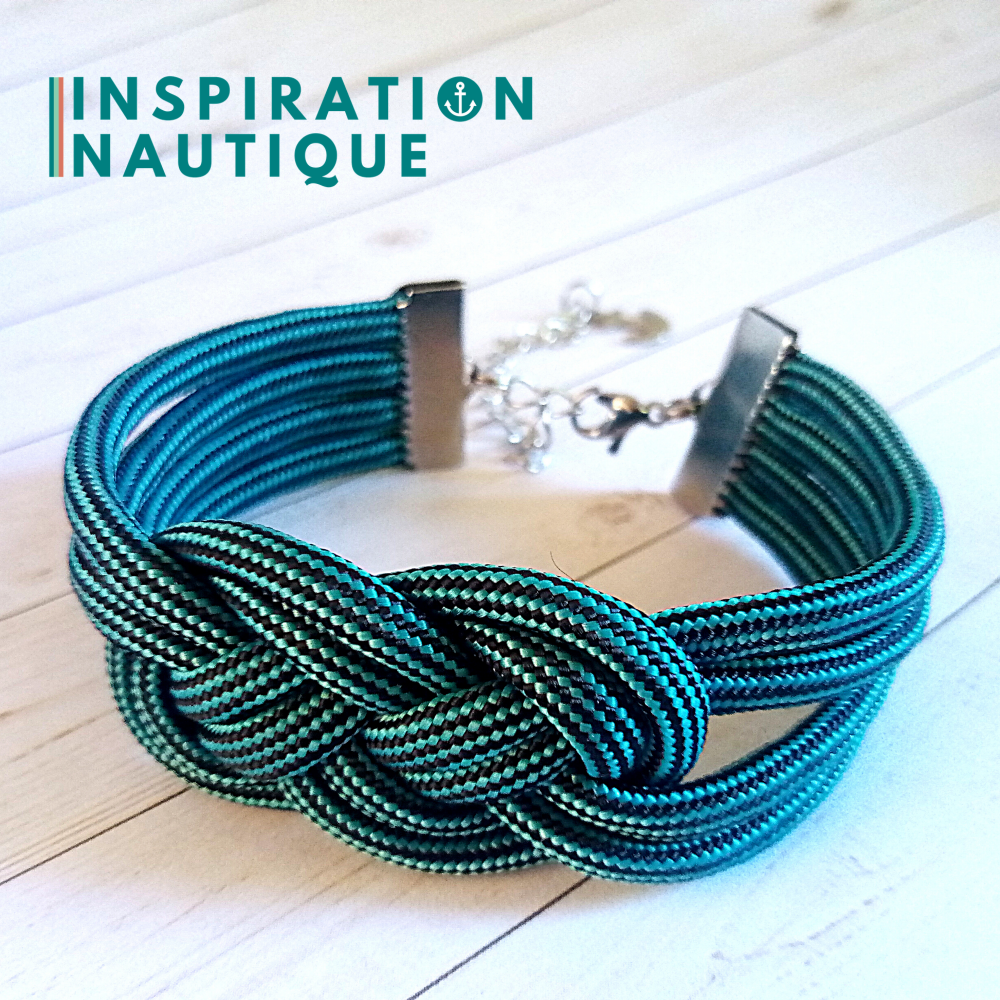 Bracelet marin avec noeud de carrick double unisexe, en paracorde 550 et acier inoxydable, Turquoise et noir, ligné