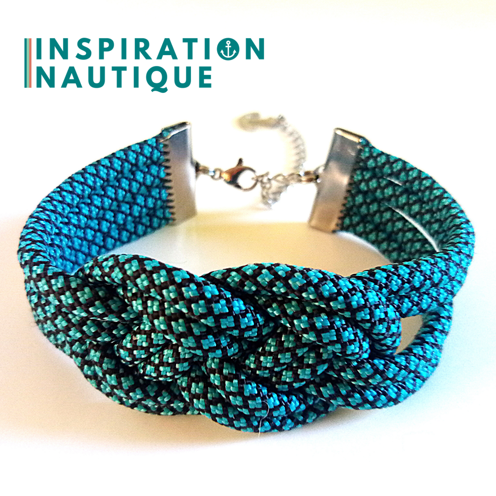 Sailor bracelet with unisex double carrick knot, in 550 paracord and stainless steel, Turquoise and black, diamonds