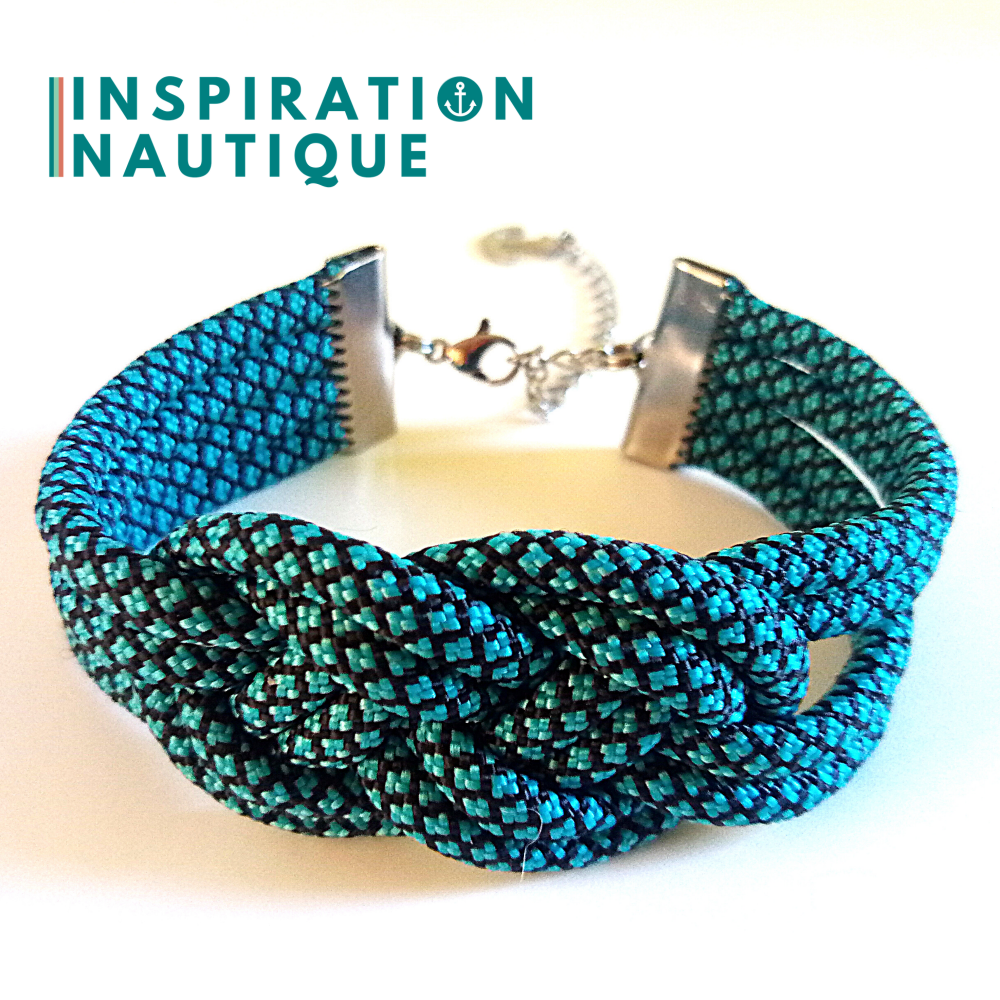 Bracelet marin avec noeud de carrick double, en paracorde 550 et acier inoxydable, Turquoise et noir, diamants, Medium