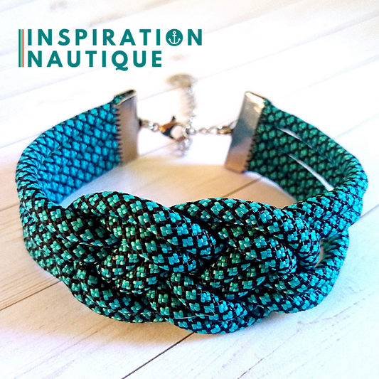 Sailor bracelet with unisex double carrick knot, in 550 paracord and stainless steel, Turquoise and black, diamonds