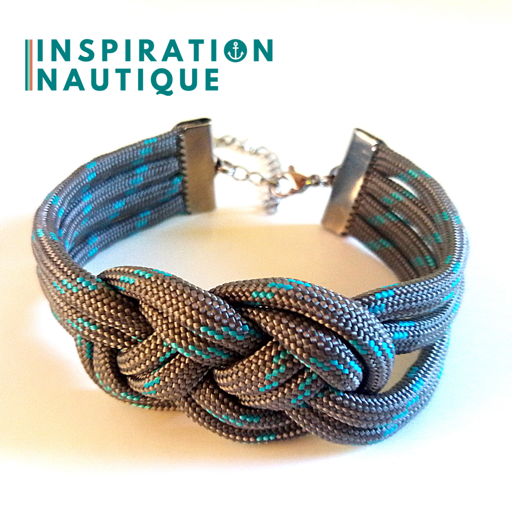 Bracelet marin avec noeud de carrick double unisexe, en paracorde 550 et acier inoxydable, Gris avec traceur turquoise