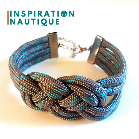 Prêt-à-partir | Bracelet marin avec noeud de carrick double unisexe, en paracorde 550 et acier inoxydable, Gris avec traceur turquoise, Medium