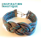 Prêt-à-partir | Bracelet marin avec noeud de carrick double unisexe, en paracorde 550 et acier inoxydable, Gris avec traceur turquoise, Medium