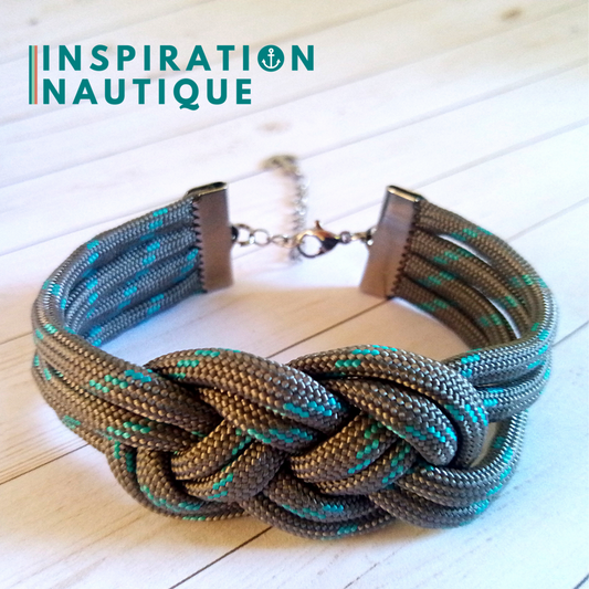 Bracelet marin avec noeud de carrick double unisexe, en paracorde 550 et acier inoxydable, Gris avec traceur turquoise