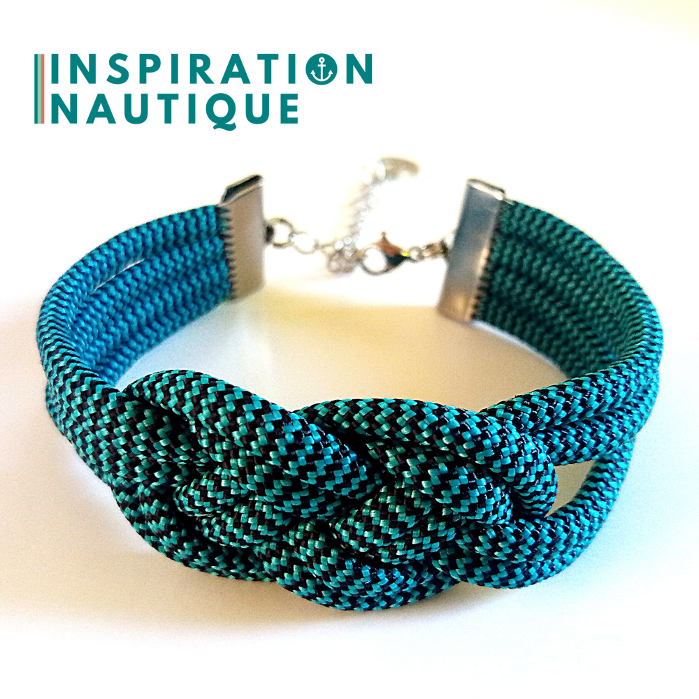 Bracelet marin avec noeud de carrick double unisexe, en paracorde 550 et acier inoxydable, Turquoise et noir, zigzags