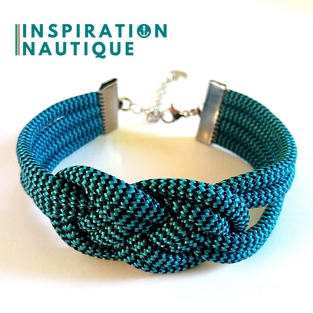 Bracelet marin avec noeud de carrick double, en paracorde 550 et acier inoxydable, Turquoise et noir, zigzags, Medium
