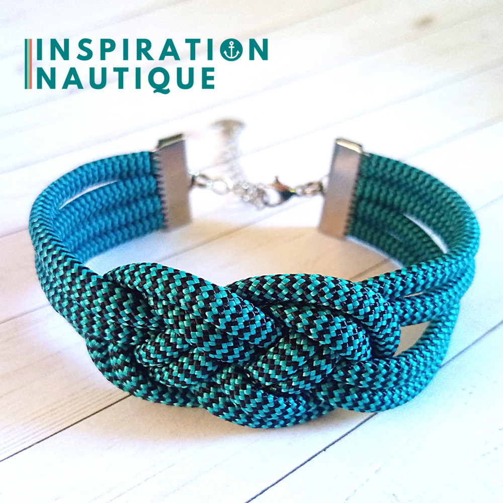 Bracelet marin avec noeud de carrick double unisexe, en paracorde 550 et acier inoxydable, Turquoise et noir, zigzags