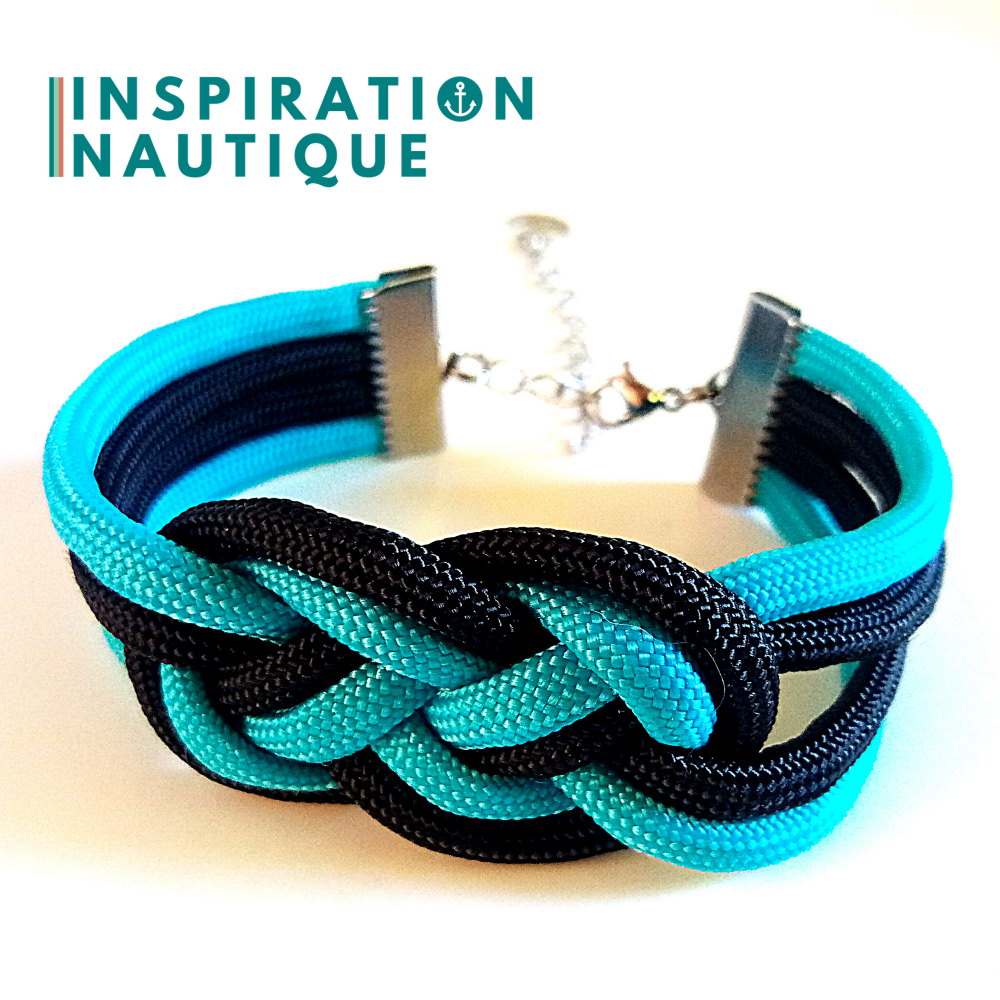 Bracelet marin avec noeud de carrick double unisexe, en paracorde 550 et acier inoxydable, Turquoise et noir