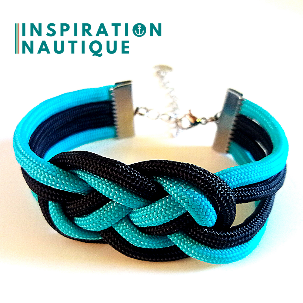 Bracelet marin avec noeud de carrick double, en paracorde 550 et acier inoxydable, Turquoise et noir, Medium