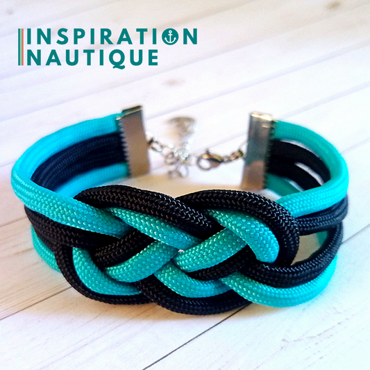 Bracelet marin avec noeud de carrick double unisexe, en paracorde 550 et acier inoxydable, Turquoise et noir