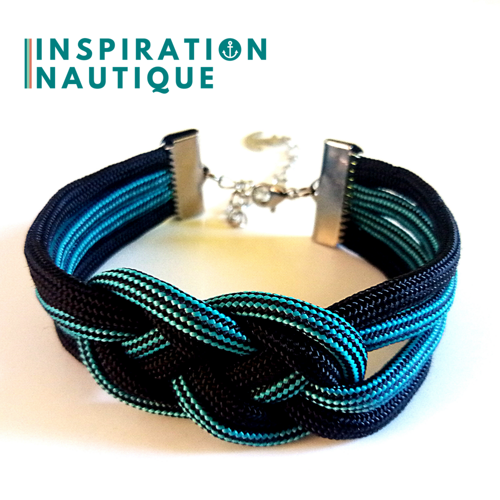 Sailor bracelet with unisex double carrick knot, in 550 paracord and stainless steel, Turquoise and black, lined, with black accent