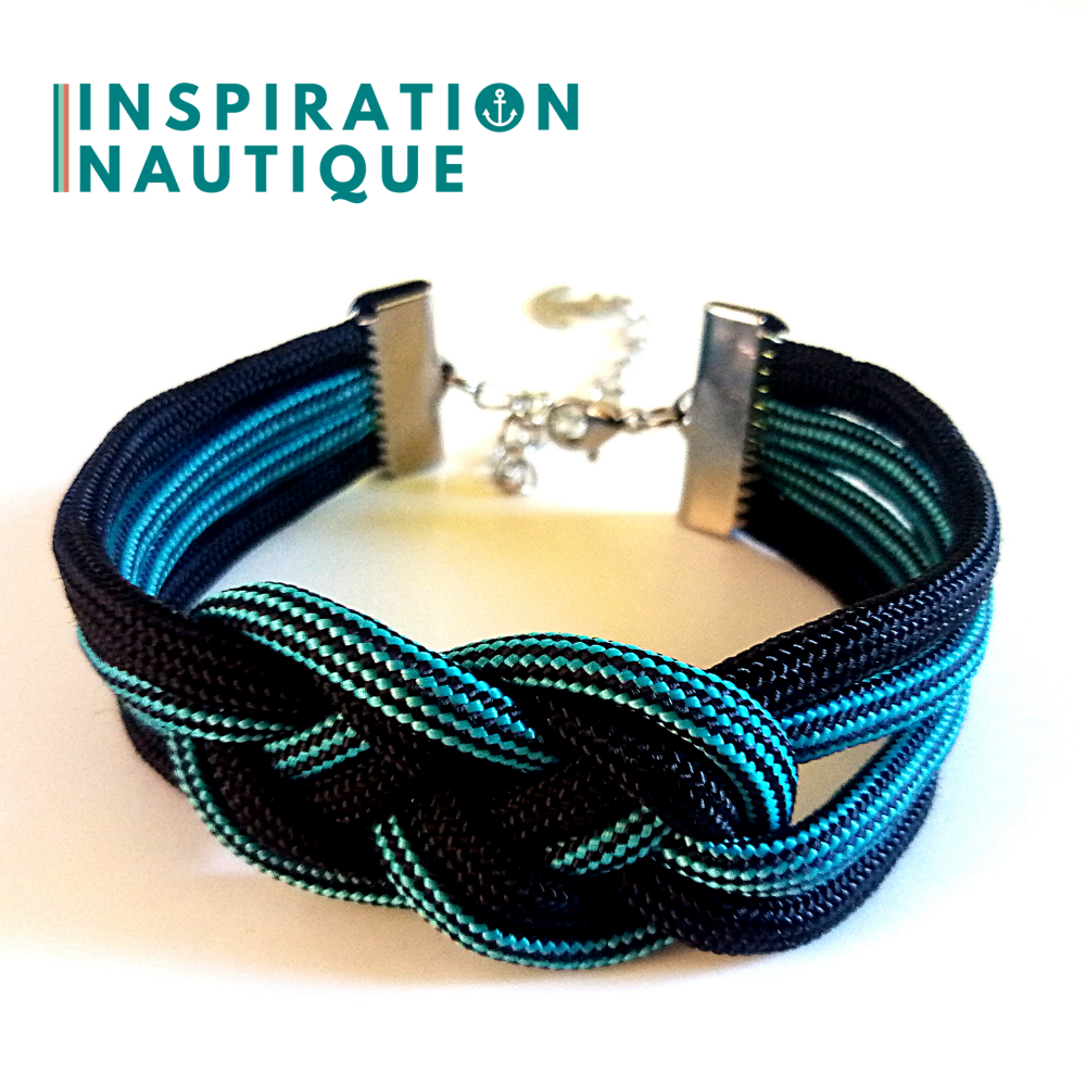 Bracelet marin avec noeud de carrick double, en paracorde 550 et acier inoxydable, Turquoise et noir, ligné, avec accent noir, Medium