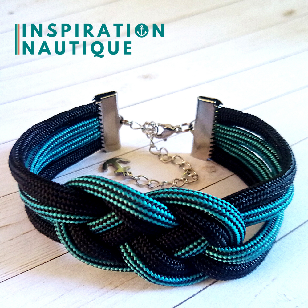 Sailor bracelet with unisex double carrick knot, in 550 paracord and stainless steel, Turquoise and black, lined, with black accent