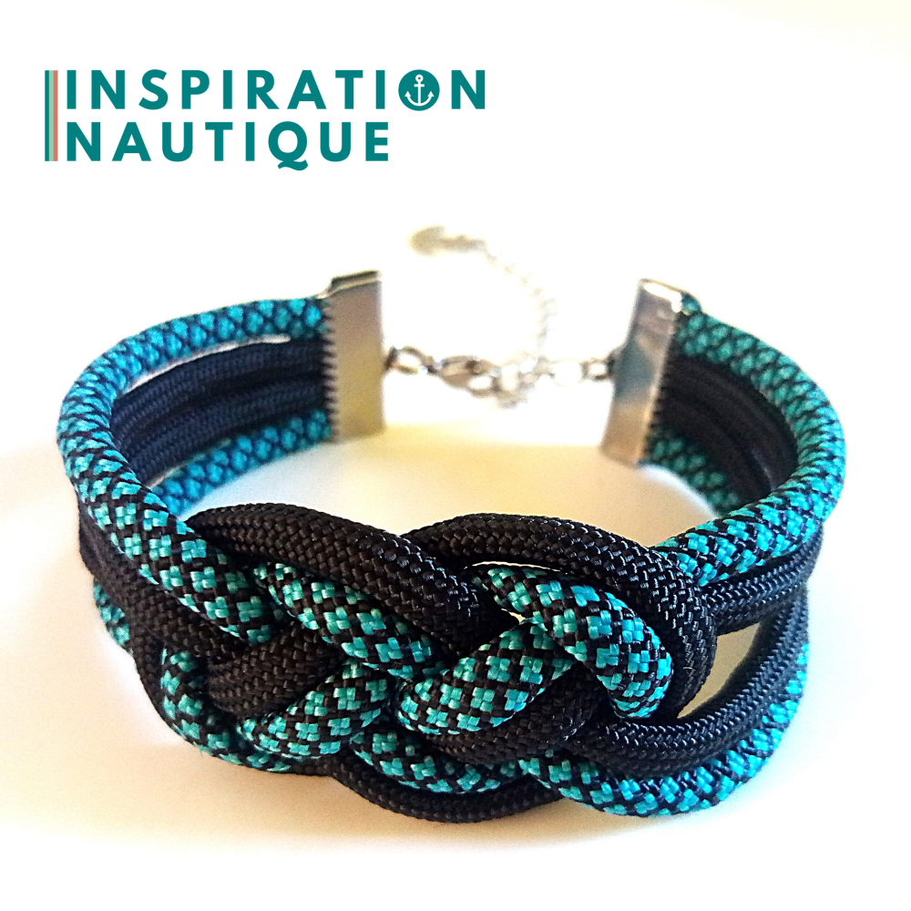 Bracelet marin avec noeud de carrick double unisexe, en paracorde 550 et acier inoxydable, Turquoise et noir, diamants, avec accent noir