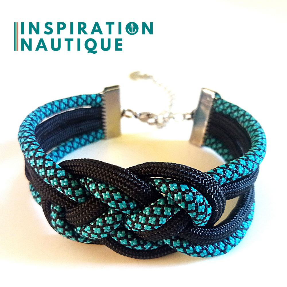 Bracelet marin avec noeud de carrick double, en paracorde 550 et acier inoxydable, Turquoise et noir, diamants, avec accent noir, Medium