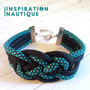 Bracelet marin avec noeud de carrick double unisexe, en paracorde 550 et acier inoxydable, Turquoise et noir, diamants, avec accent noir