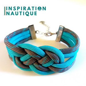 Prêt-à-partir | Bracelet marin avec noeud de carrick double unisexe, en paracorde 550 et acier inoxydable, Gris avec traceur turquoise, et turquoise, Medium