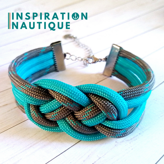 Bracelet marin avec noeud de carrick double unisexe, en paracorde 550 et acier inoxydable, Gris avec traceur turquoise, et turquoise