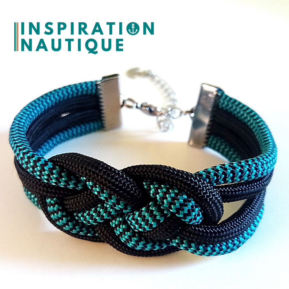 Bracelet marin avec noeud de carrick double, en paracorde 550 et acier inoxydable, Turquoise et noir, zigzags, avec accent noir, Medium