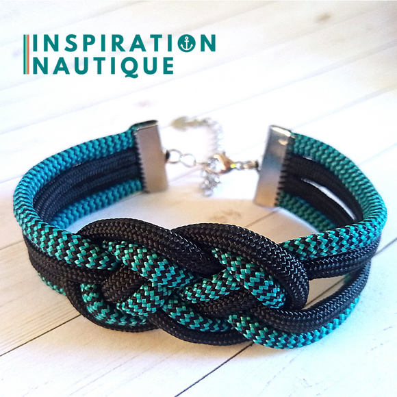 Bracelet marin avec noeud de carrick double unisexe, en paracorde 550 et acier inoxydable, Turquoise et noir, zigzags, avec accent noir