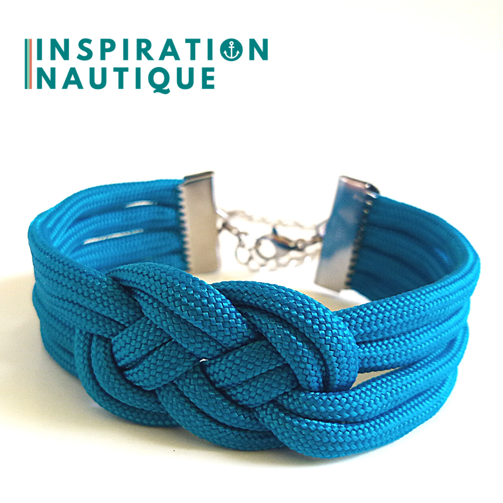 Bracelet marin avec noeud de carrick double unisexe, en paracorde 550 et acier inoxydable, Bleu Caraïbes