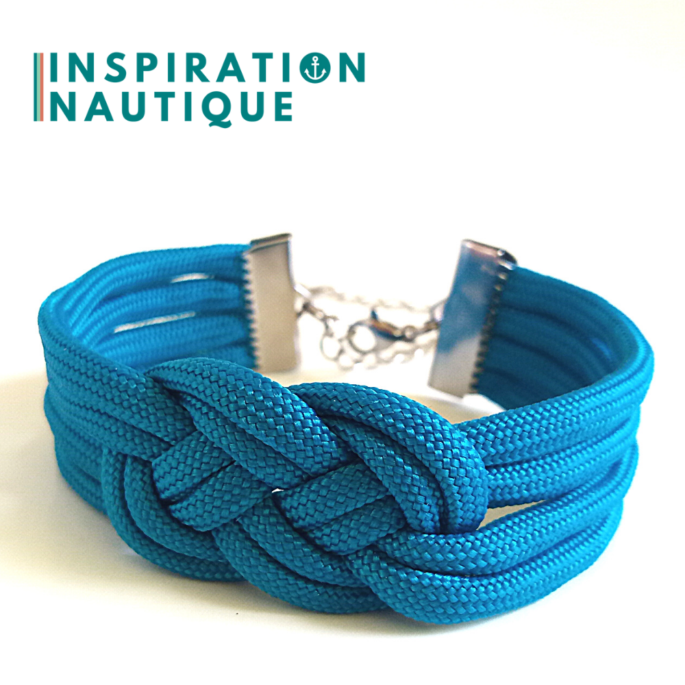 Bracelet marin avec noeud de carrick double, en paracorde 550 et acier inoxydable, Bleu Caraïbes, Medium
