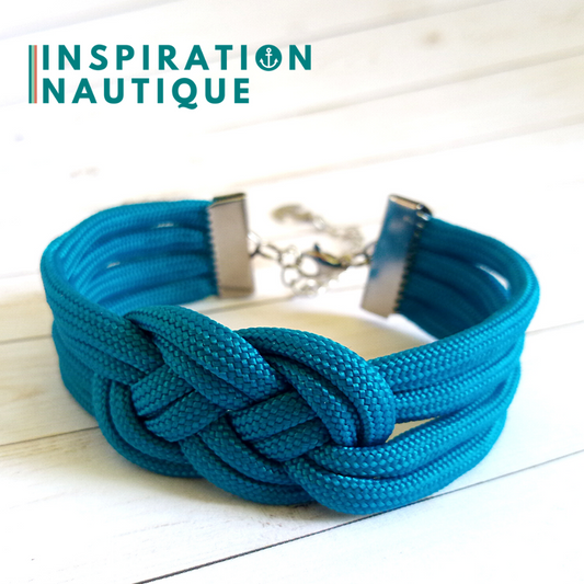 Bracelet marin avec noeud de carrick double unisexe, en paracorde 550 et acier inoxydable, Bleu Caraïbes