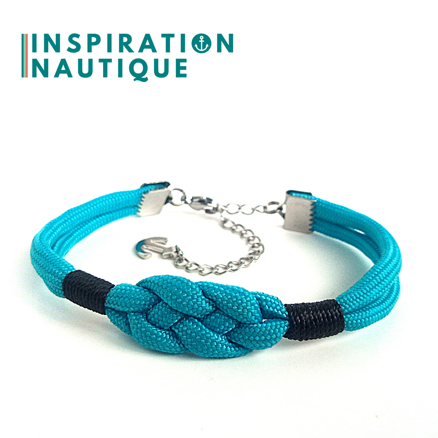 Bracelet marin avec noeud de carrick simple, en paracorde 550 et acier inoxydable, Turquoise, Surliures noires, Small