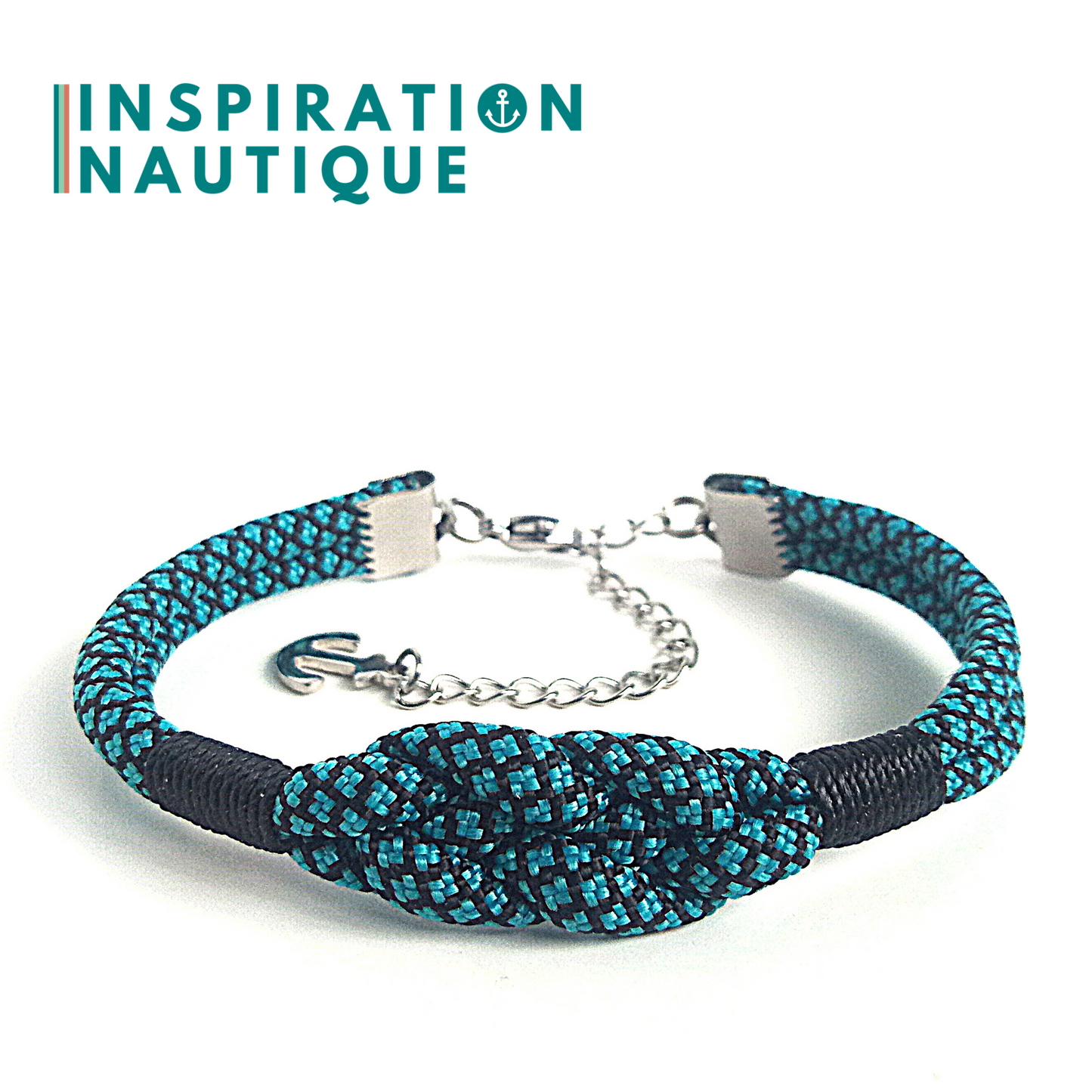 Bracelet marin avec noeud de carrick, unisexe, en paracorde 550 et acier inoxydable, Turquoise et noir, diamants