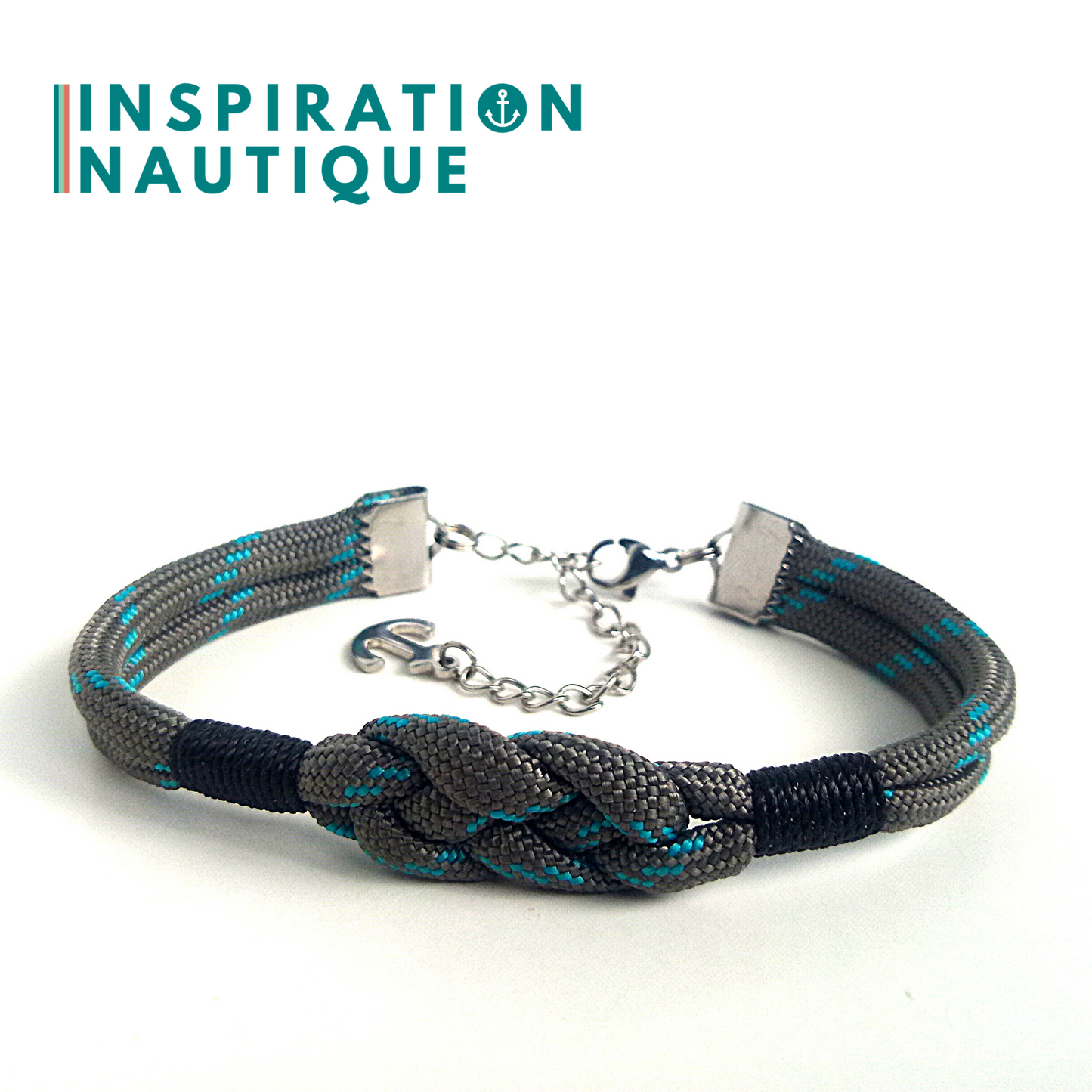 Bracelet marin avec noeud de carrick, unisexe, en paracorde 550 et acier inoxydable, Gris avec traceur turquoise