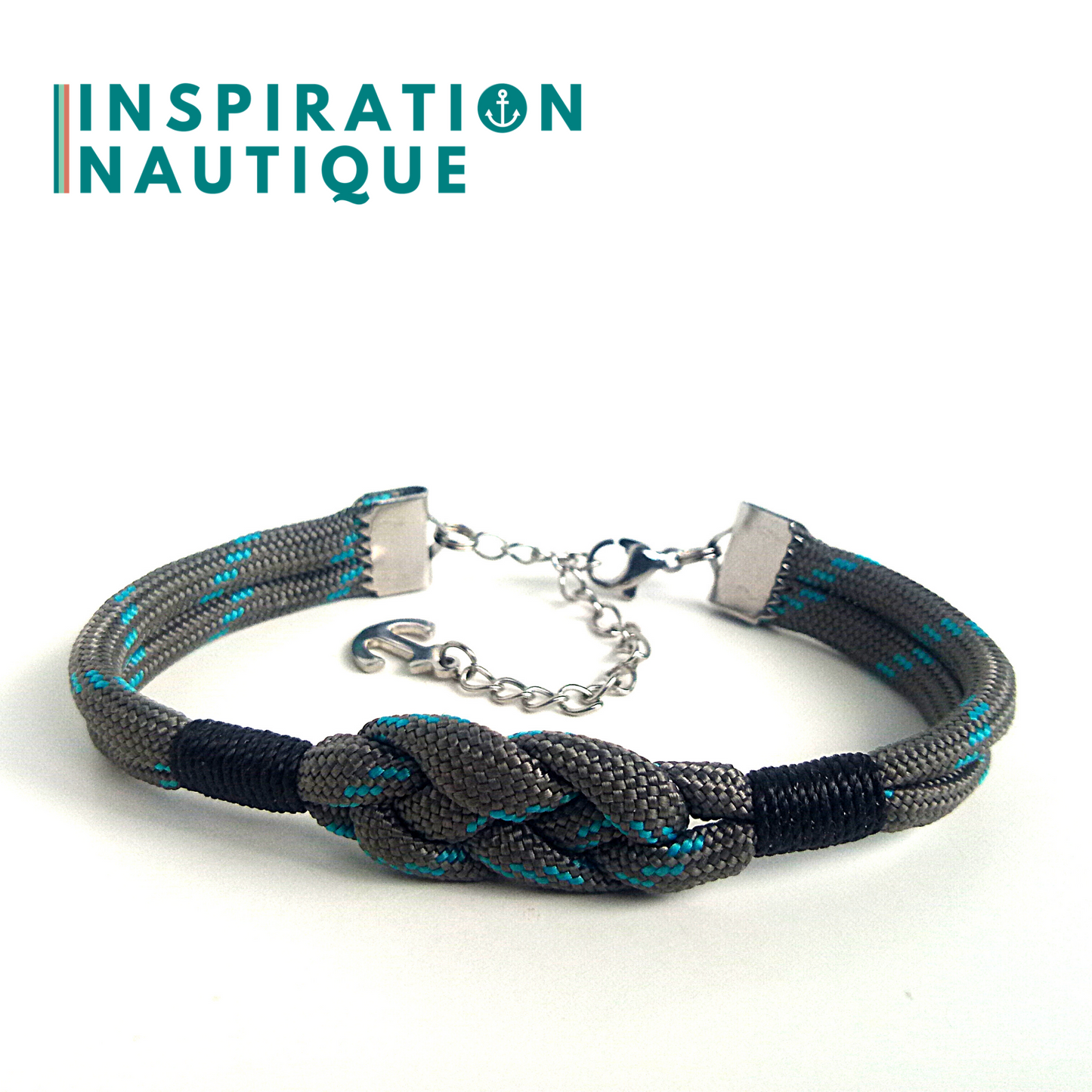 Bracelet marin avec noeud de carrick simple, en paracorde 550 et acier inoxydable, Gris avec traceur turquoise, Medium