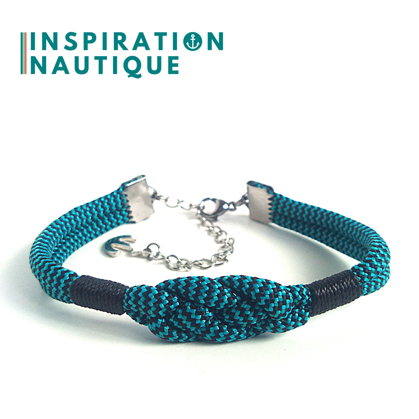 Bracelet marin avec noeud de carrick, unisexe, en paracorde 550 et acier inoxydable, Turquoise et noir, zigzags