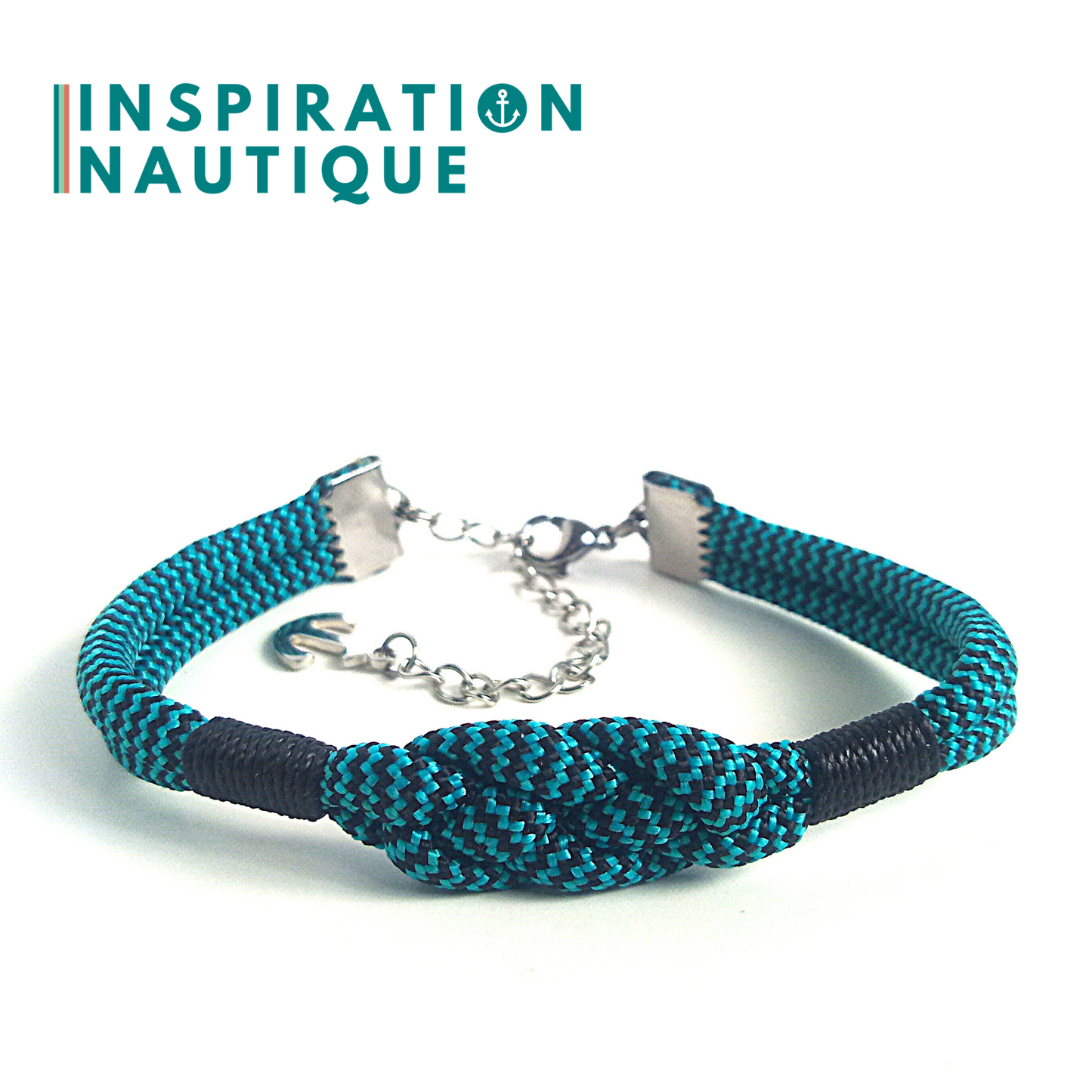 Bracelet marin avec noeud de carrick simple, en paracorde 550 et acier inoxydable, Turquoise et noir, zigzags, Surliures noires, Medium