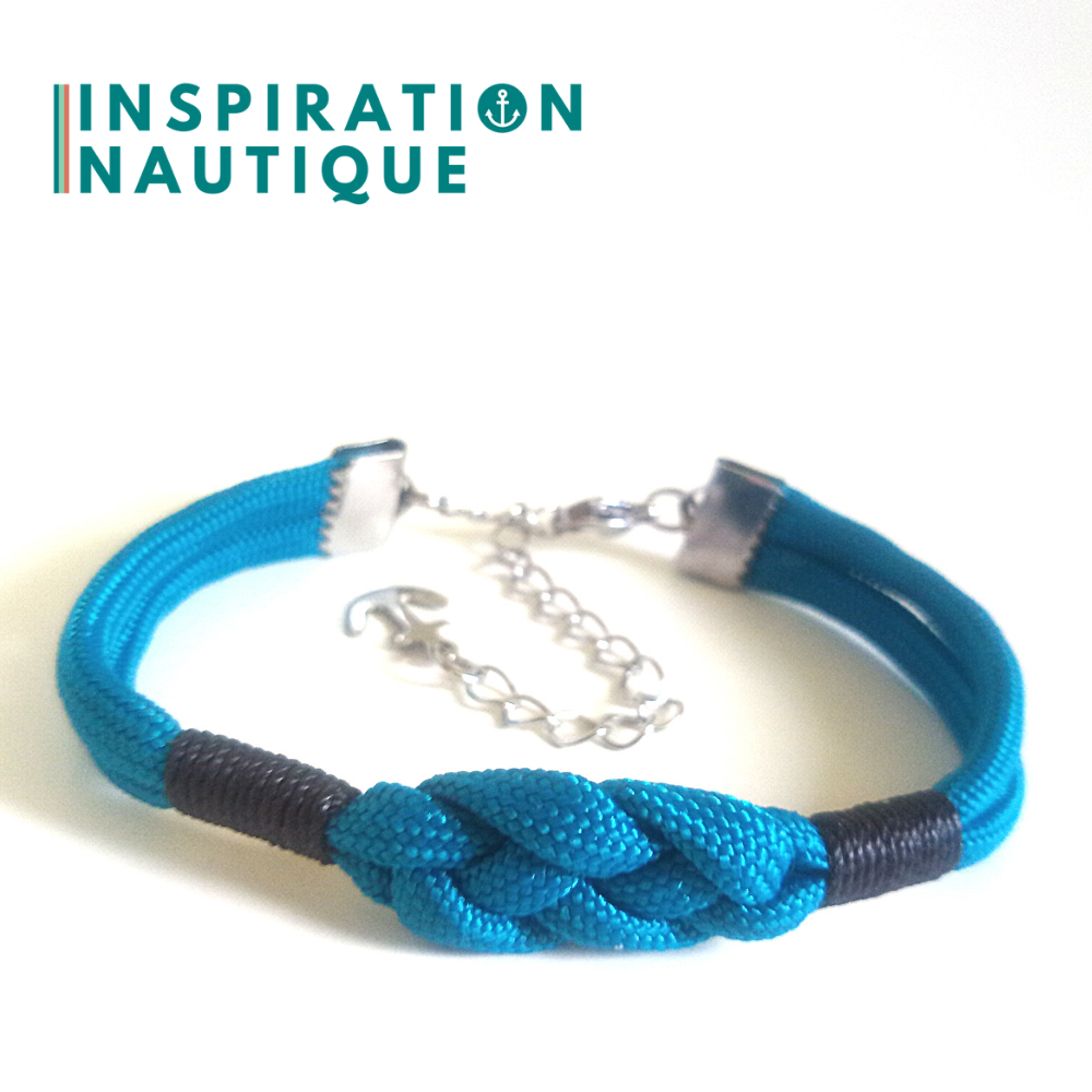 Bracelet marin avec noeud de carrick, unisexe, en paracorde 550 et acier inoxydable, Bleu Caraïbes