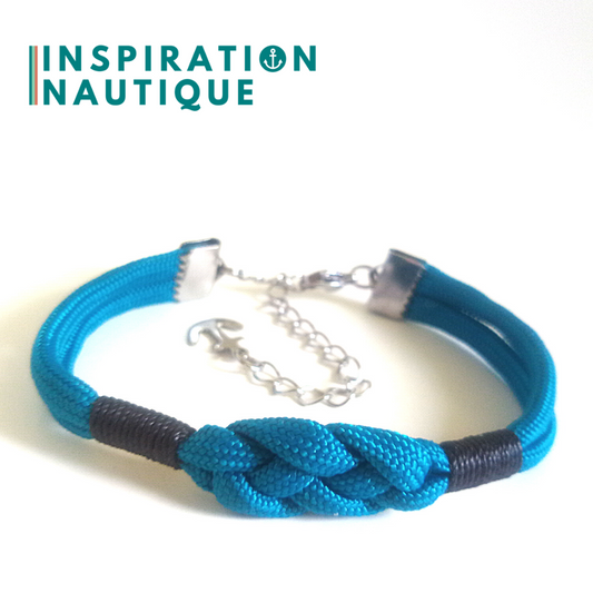 Bracelet marin avec noeud de carrick simple, en paracorde 550 et acier inoxydable, Bleu Caraïbes, Surliures noires, Medium