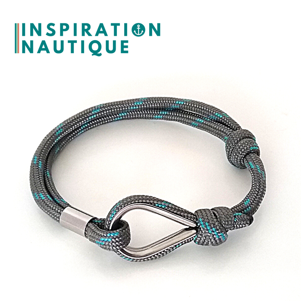 Bracelet marin avec cosse et noeud de pêcheur, Gris avec traceur turquoise