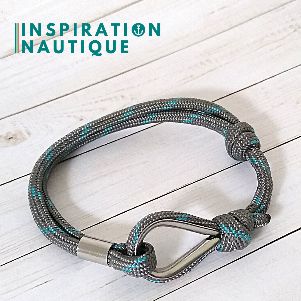 Bracelet marin avec cosse et noeud de pêcheur, Gris avec traceur turquoise