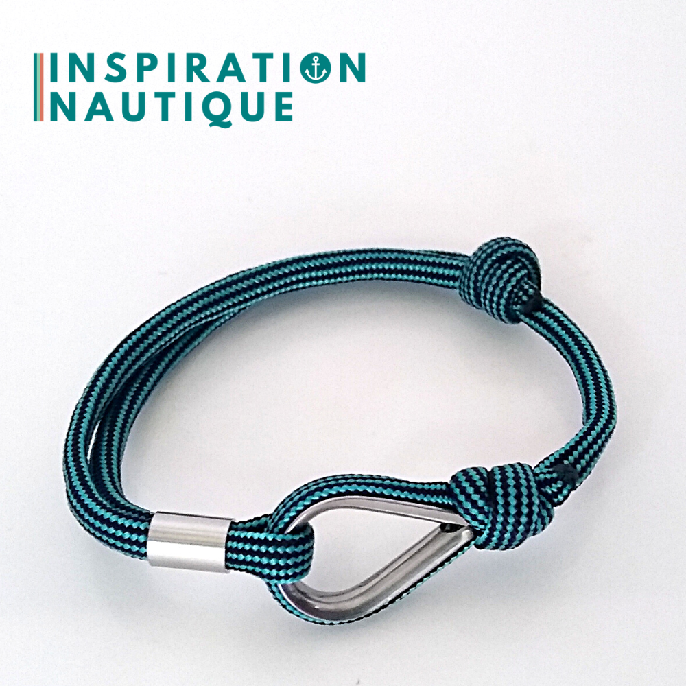 Bracelet marin avec cosse et noeud de pêcheur, Turquoise et noir ligné