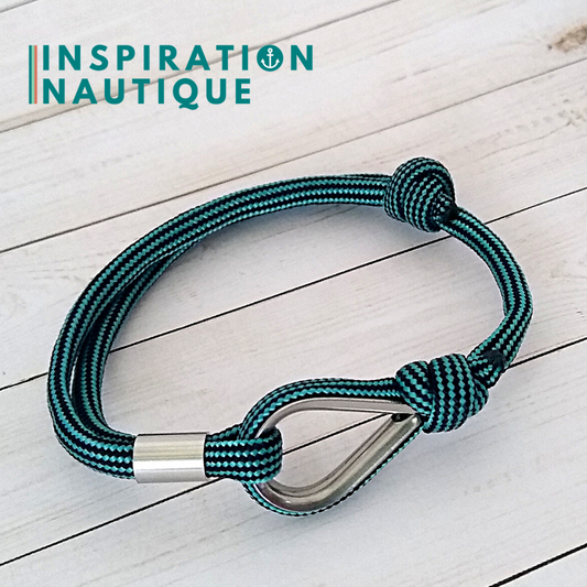 Bracelet marin avec cosse et noeud de pêcheur, Turquoise et noir ligné