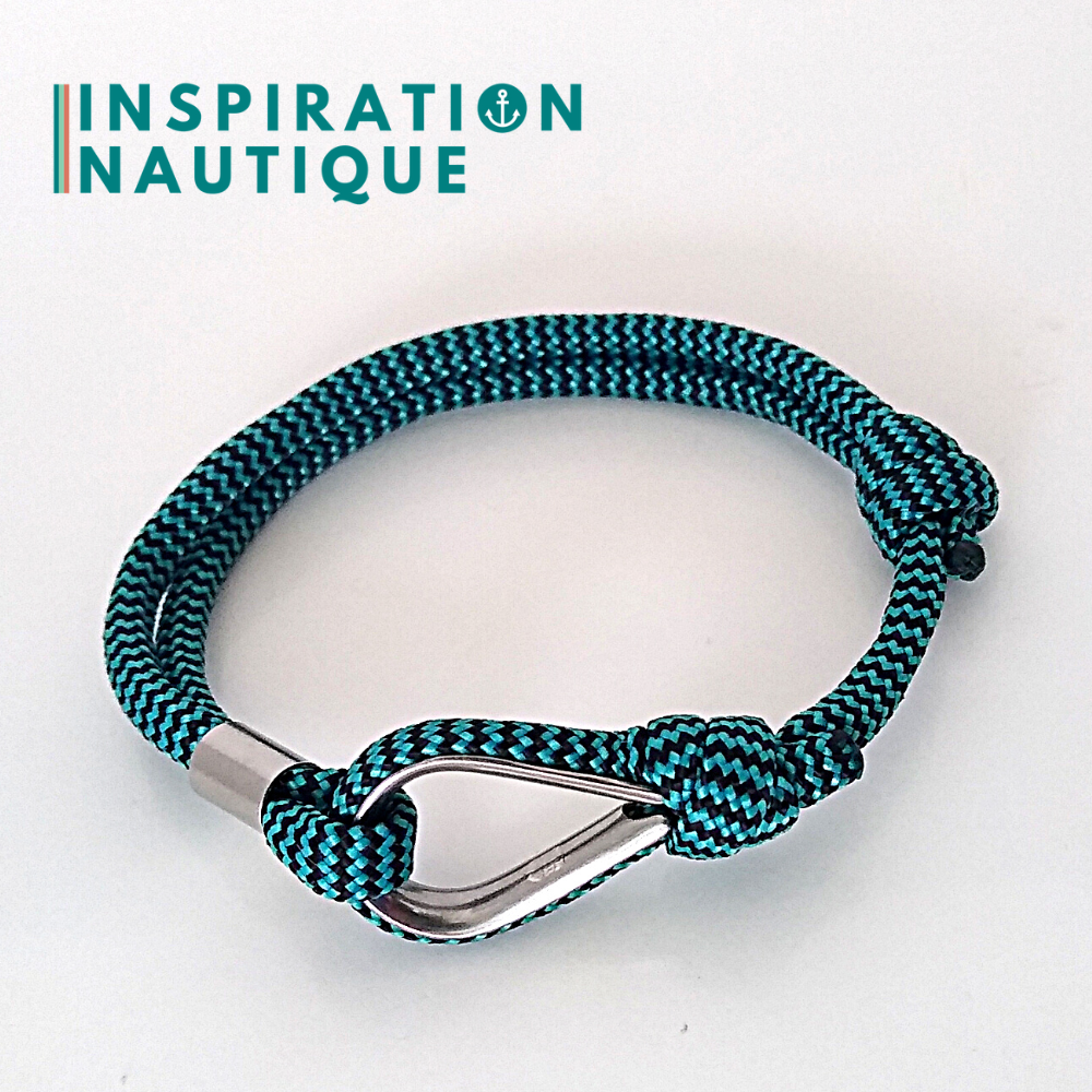 Bracelet marin avec cosse et noeud de pêcheur, Turquoise et noir zigzags