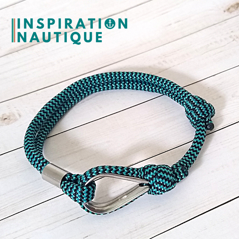 Bracelet marin avec cosse et noeud de pêcheur, Turquoise et noir zigzags