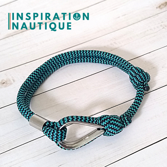 Bracelet marin avec cosse et noeud coulissant, Turquoise et noir zigzags