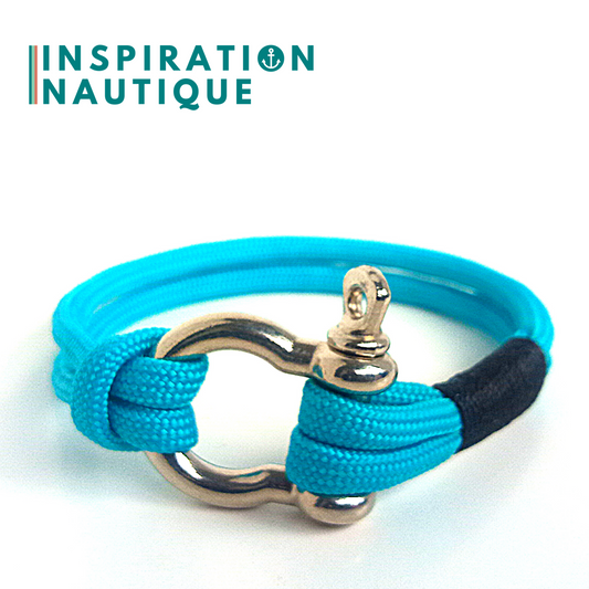 Bracelet marin avec manille en paracorde 550 et acier inoxydable, Turquoise, Surliure noire, Medium-Large