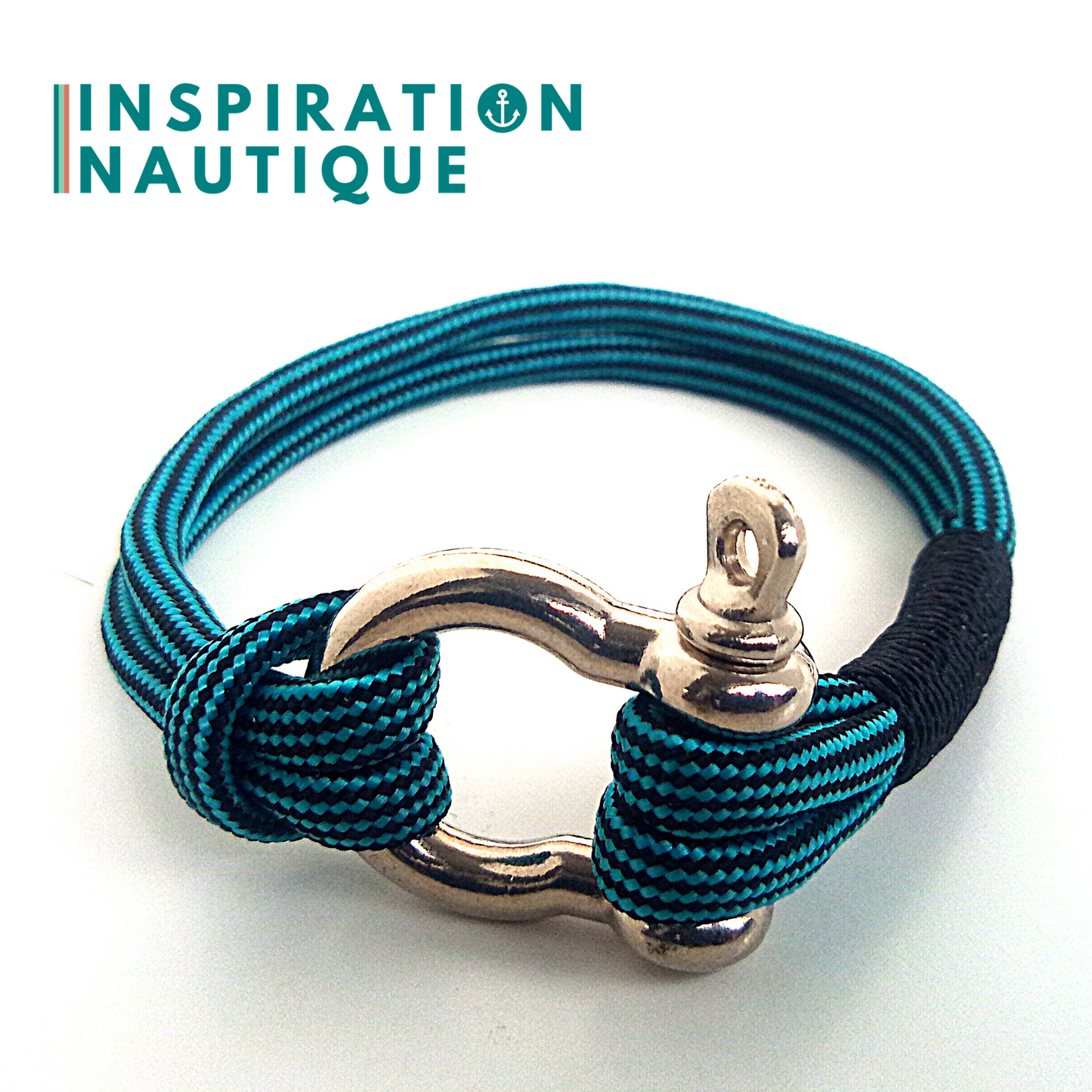 Bracelet marin avec manille en paracorde 550 et acier inoxydable, Turquoise et noir, ligné, Surliure noire, Medium-Large
