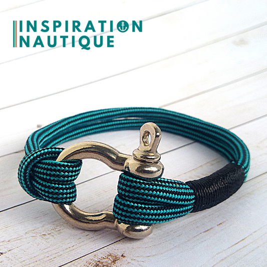 Bracelet marin avec manille en paracorde 550 et acier inoxydable, Turquoise et noir, ligné