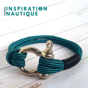 Bracelet marin avec manille pour homme ou femme en paracorde 550 et acier inoxydable, Turquoise et noir, ligné