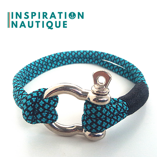 Bracelet marin avec manille en paracorde 550 et acier inoxydable, Turquoise et noir, diamants, Surliure noire, Medium-Large