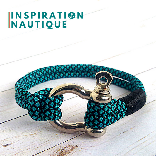 Bracelet marin avec manille en paracorde 550 et acier inoxydable, Turquoise et noir, diamants