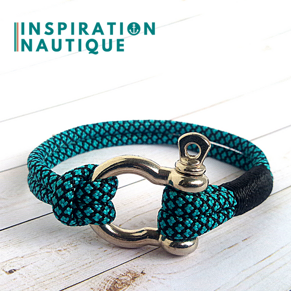 Bracelet marin avec manille pour homme ou femme en paracorde 550 et acier inoxydable, Turquoise et noir, diamants